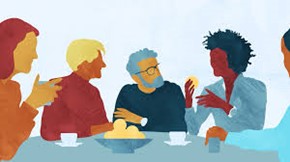 Illustratie van mensen met diverse achtergronden in gesprek met elkaar